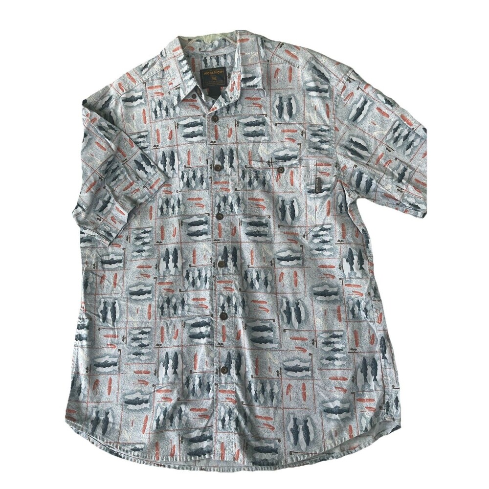 Woolrich Ocean Print Stencil AOP BU Shirt Size L Vintage Fishing Water Vacation